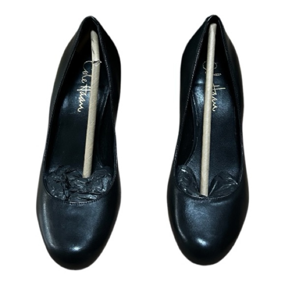 Cole Haan Air Talia black leather round toe slip on mid pump heels